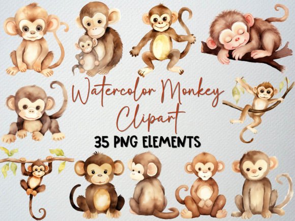 Download Watercolor Monkey Clipart Set, 35 PNG - Monkey clipart Collection